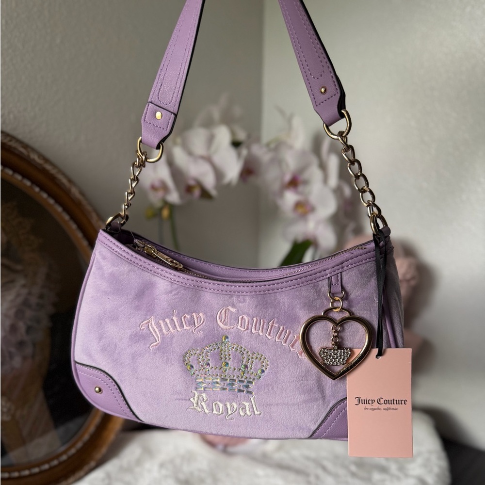 Juicy Couture ‘juicy kingdom’ lavender shoulder bag purse rhinestone crown heart